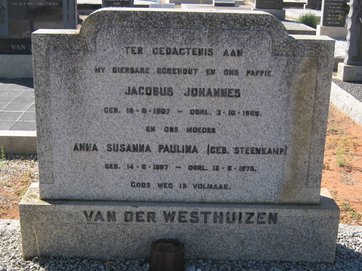 WESTHUIZEN Jacobus Johannes, van der 1907-19?7 &amp; Anna Susanna Paulina STEENKAMP 1887-1978