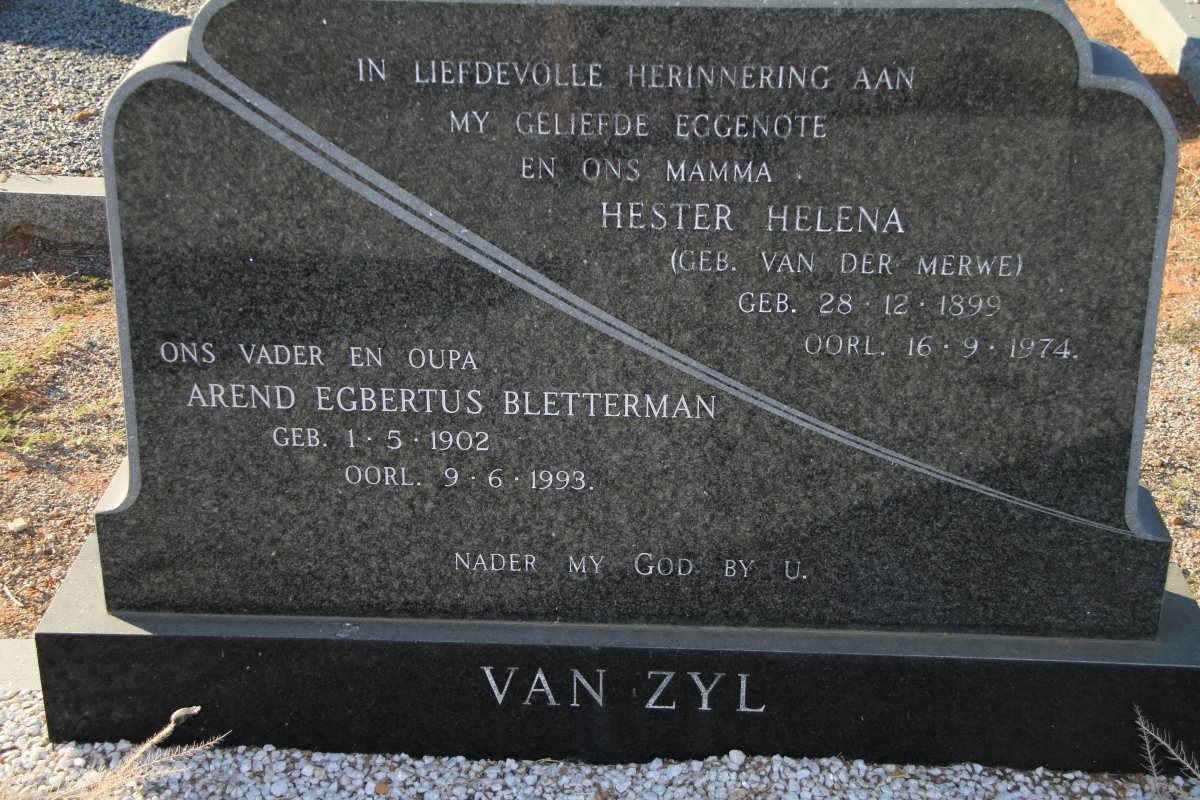 ZYL Arend Egbertus Bletterman, van 1902-1993 &amp; Hester Helena VAN DER MERWE 1899-1974
