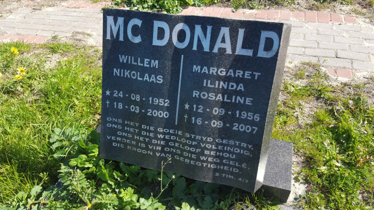 MCDONALD Willem Nikolaas 1952-2000 &amp; Margaret Ilinda Rosaline 1956-2007