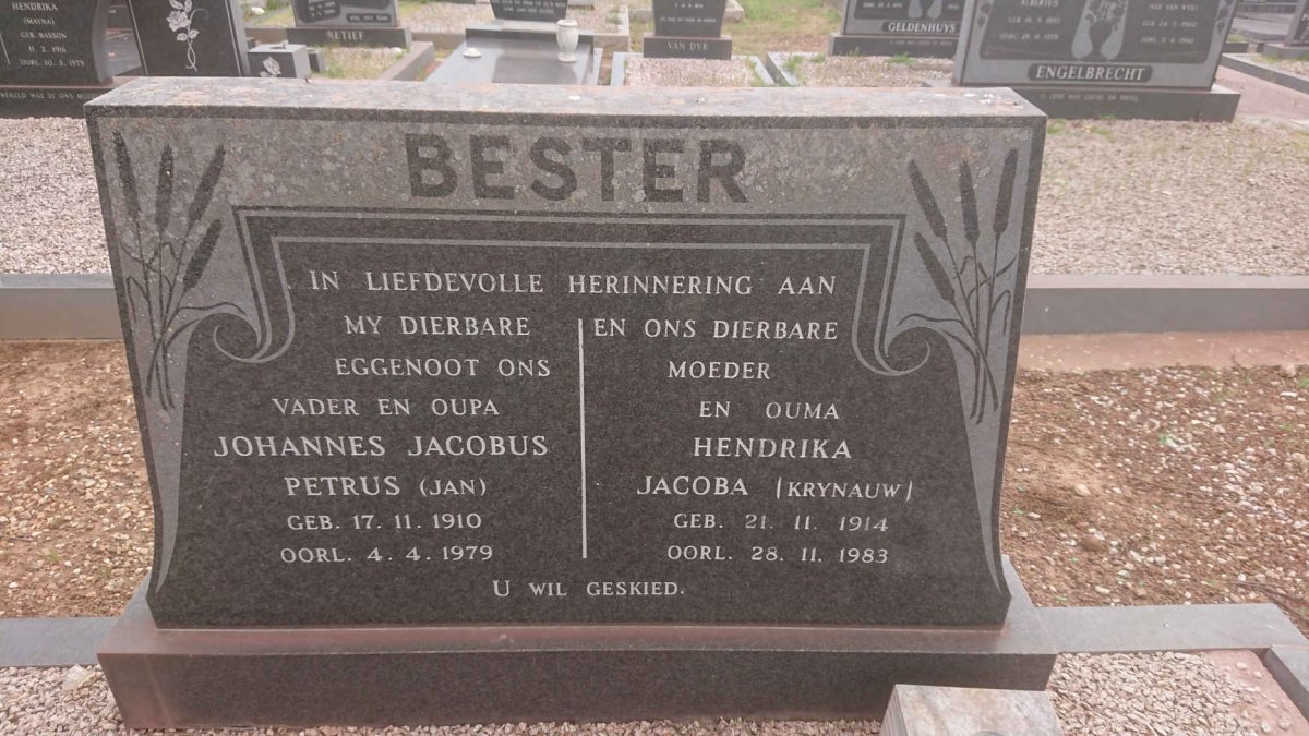 BESTER Johannes Jacobus Petrus 1910-1979 &amp; Hendrika Jacoba KRYNAUW 1914-1983