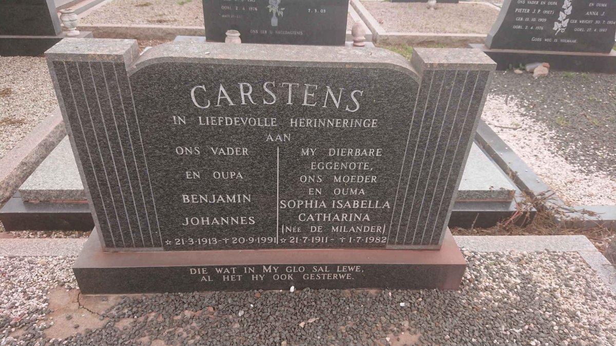 CARSTENS Benjamin Johannes 1913-1991 &amp; Sophia Isabella Catharina DE MILANDER  1911-1982