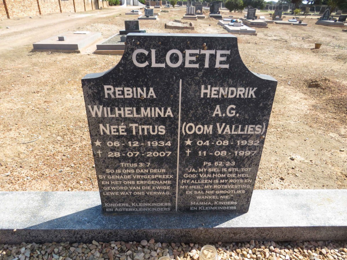 CLOETE Hendrik A.G. 1932-1997 &amp; Rebina Wilhelmina TITUS 1934-2007