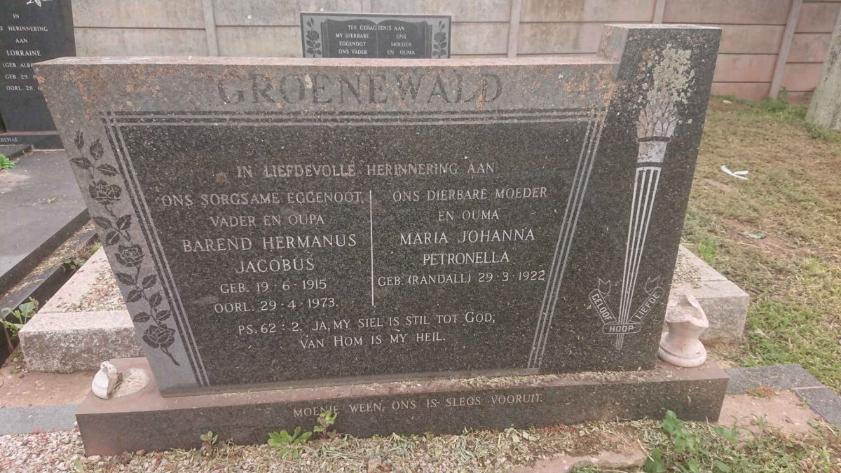 GROENEWALD Barend Hermanus Jacobus 1915-1973 &amp; Maria Johanna Petronella RANDALL 1922-