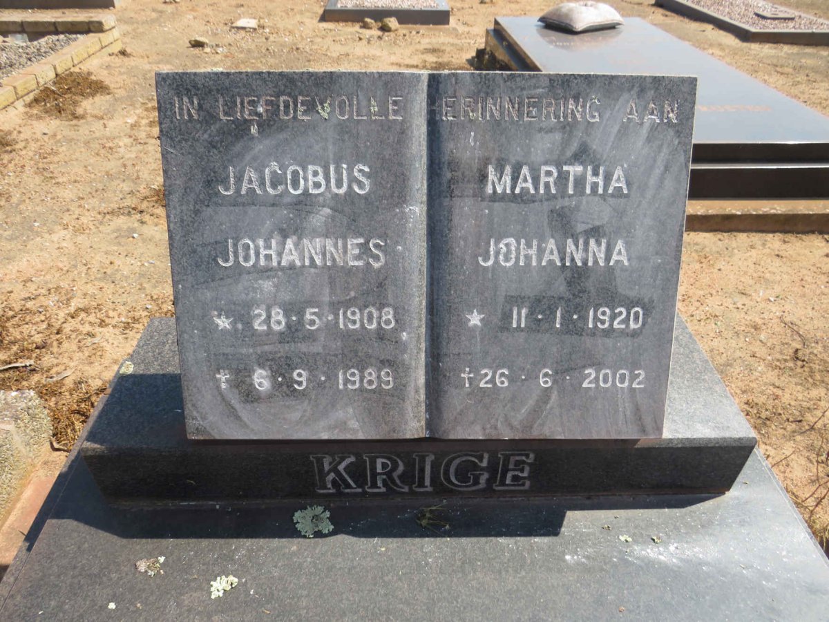 KRIGE Jacobus Johannes 1908-1989 &amp; Martha Johanna 1920-2002