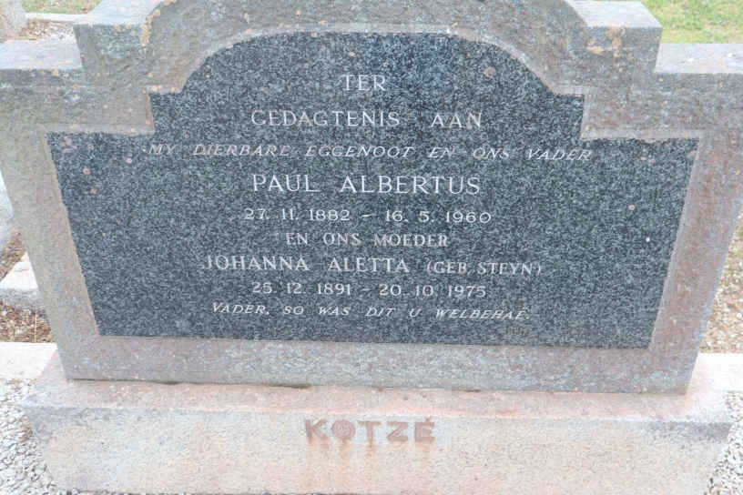KOTZÉ Paul Albertus 1882-1960 &amp; Johanna Aletta STEYN 1891-1975