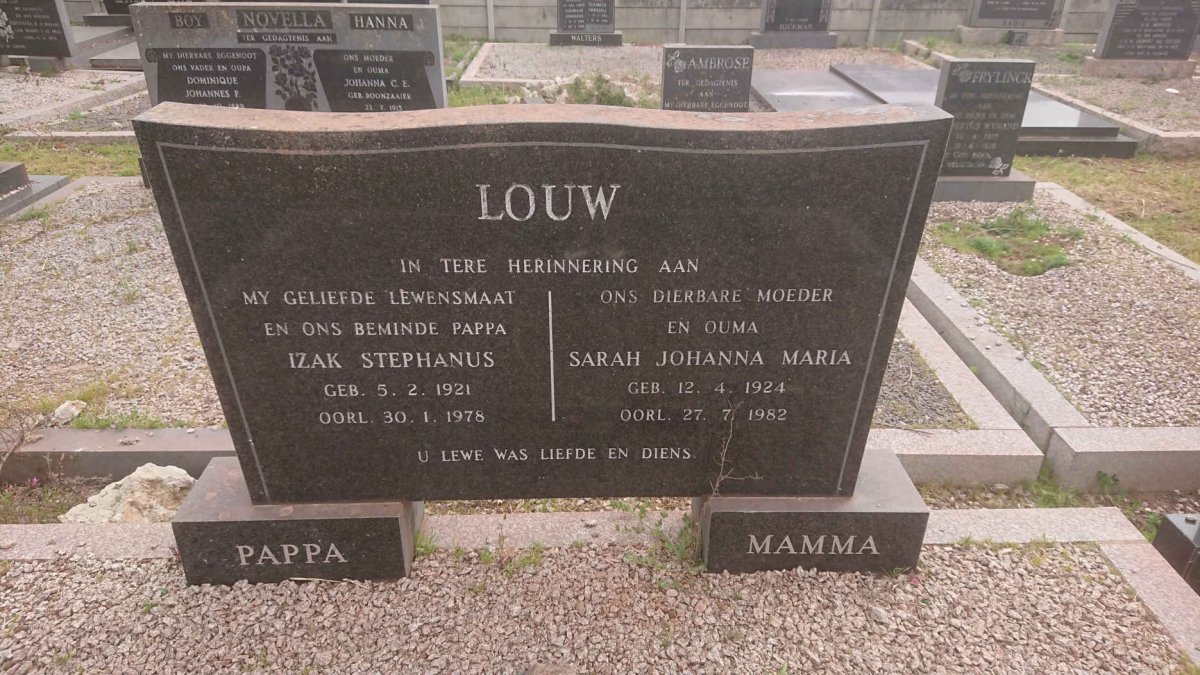 LOUW Izak Stephanus 1921-1978 &amp; Sarah Johanna Maria 1924-1982