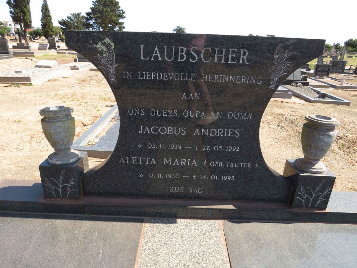 LAUBSCHER Jacobus Andries 1929-1992 &amp; Aletta Maria TRUTER 1930-1993
