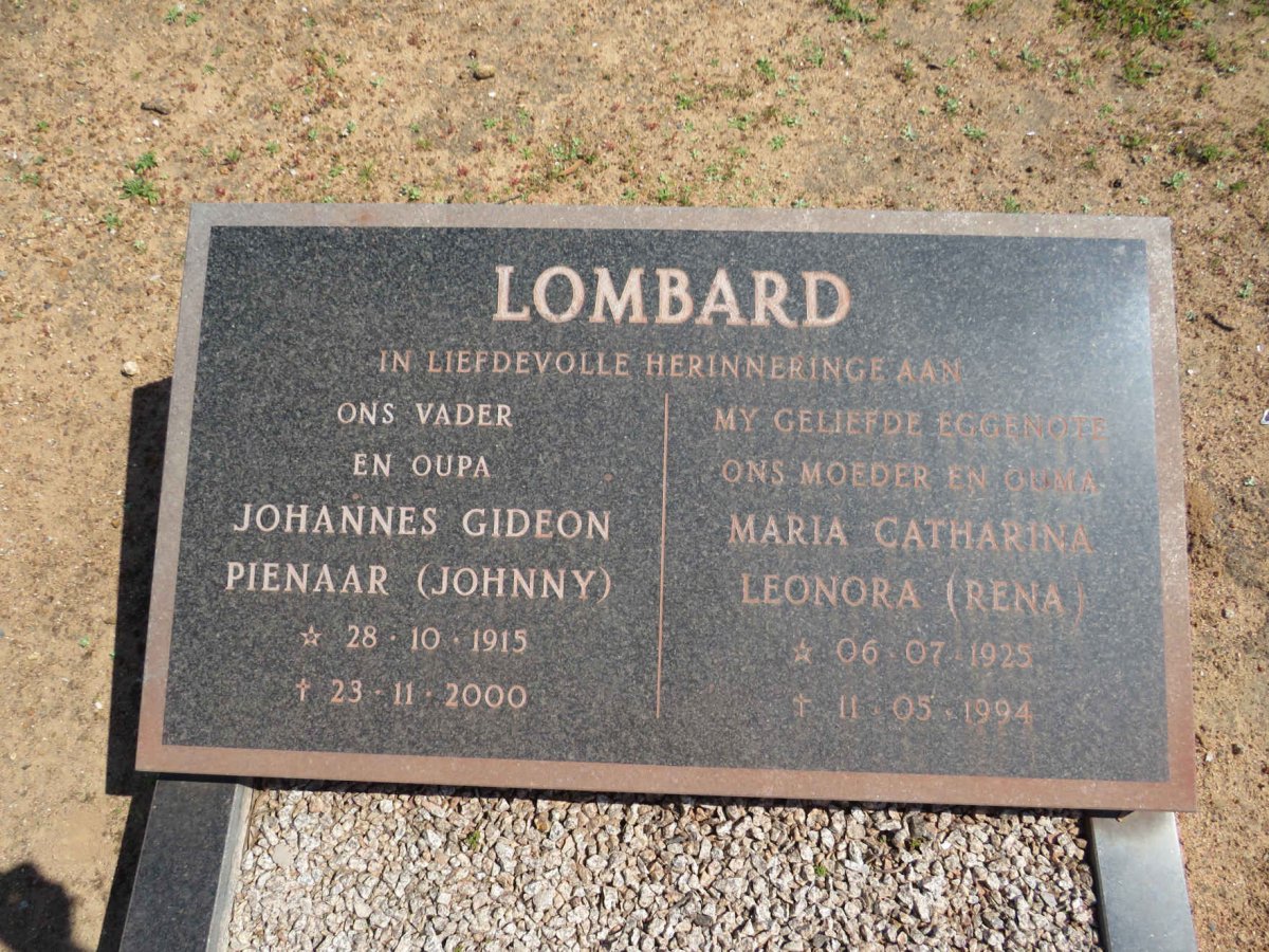 LOMBARD Johannes Gideon Pienaar 1915-2000 &amp; Maria Catharina Leonora 1925-1994