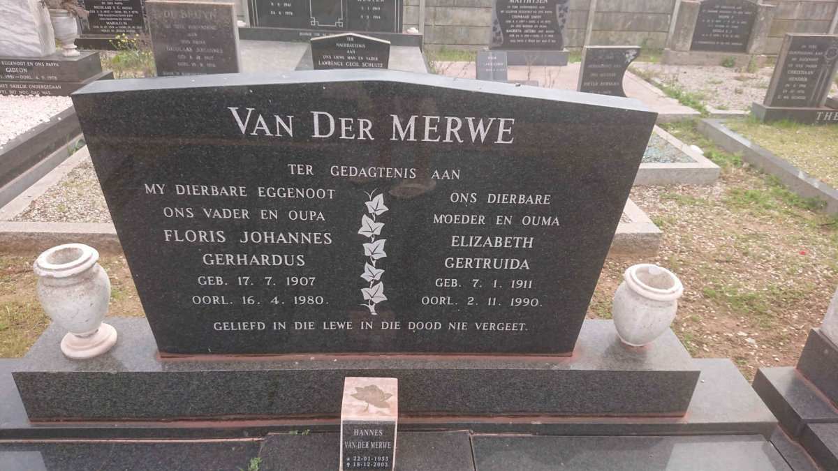 MERWE Floris Johannes Gerhardus, van der 1907-1980 &amp; Elizabeth Gertruida 1911-1990
