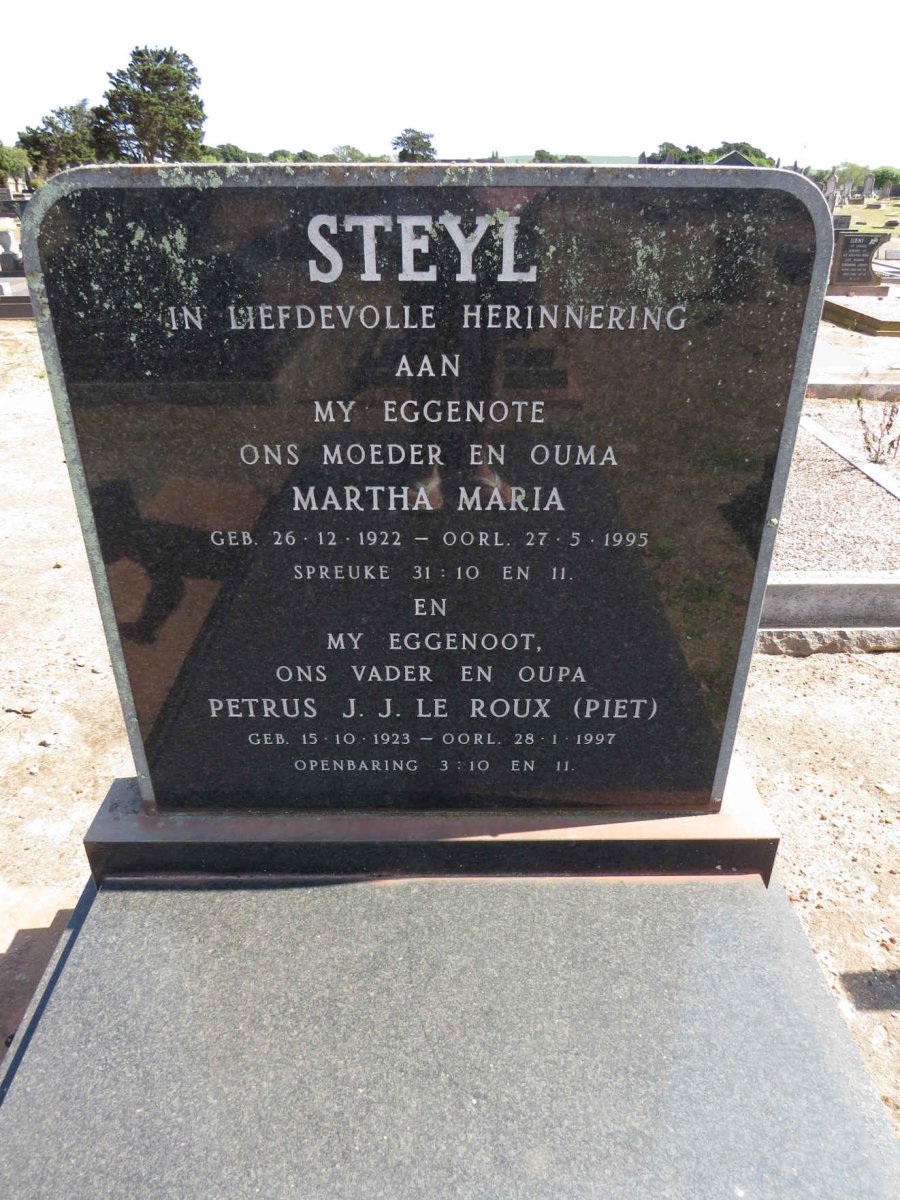 STEYL Petrus J.J. le Roux 1923-1997 &amp; Martha Maria 1922-1995