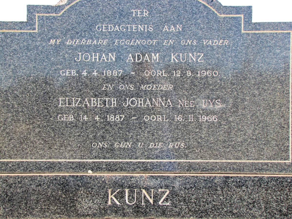 KUNZ Johan Adam  1887-1960 &amp; Elizabeth Johanna UYS 1887-1966