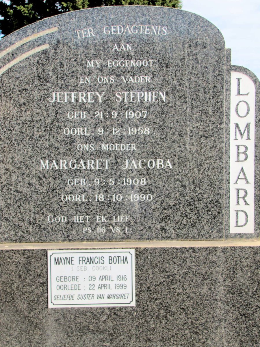 LOMBARD Jeffrey Stephen 1907-1958 &amp; Margarit Jacoba 1908-1990