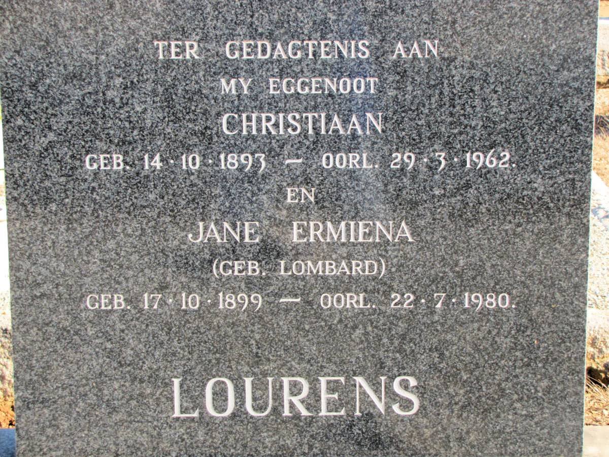 LOURENS Christiaan 1893-1962 &amp; Jane Ermiena LOMBARD 1899-1980