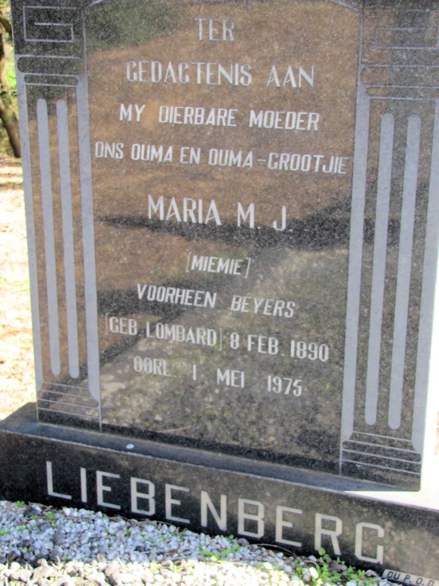 LIEBENBERG Maria M.J. voorheen BEYERS nee LOMBARD 1890-1975