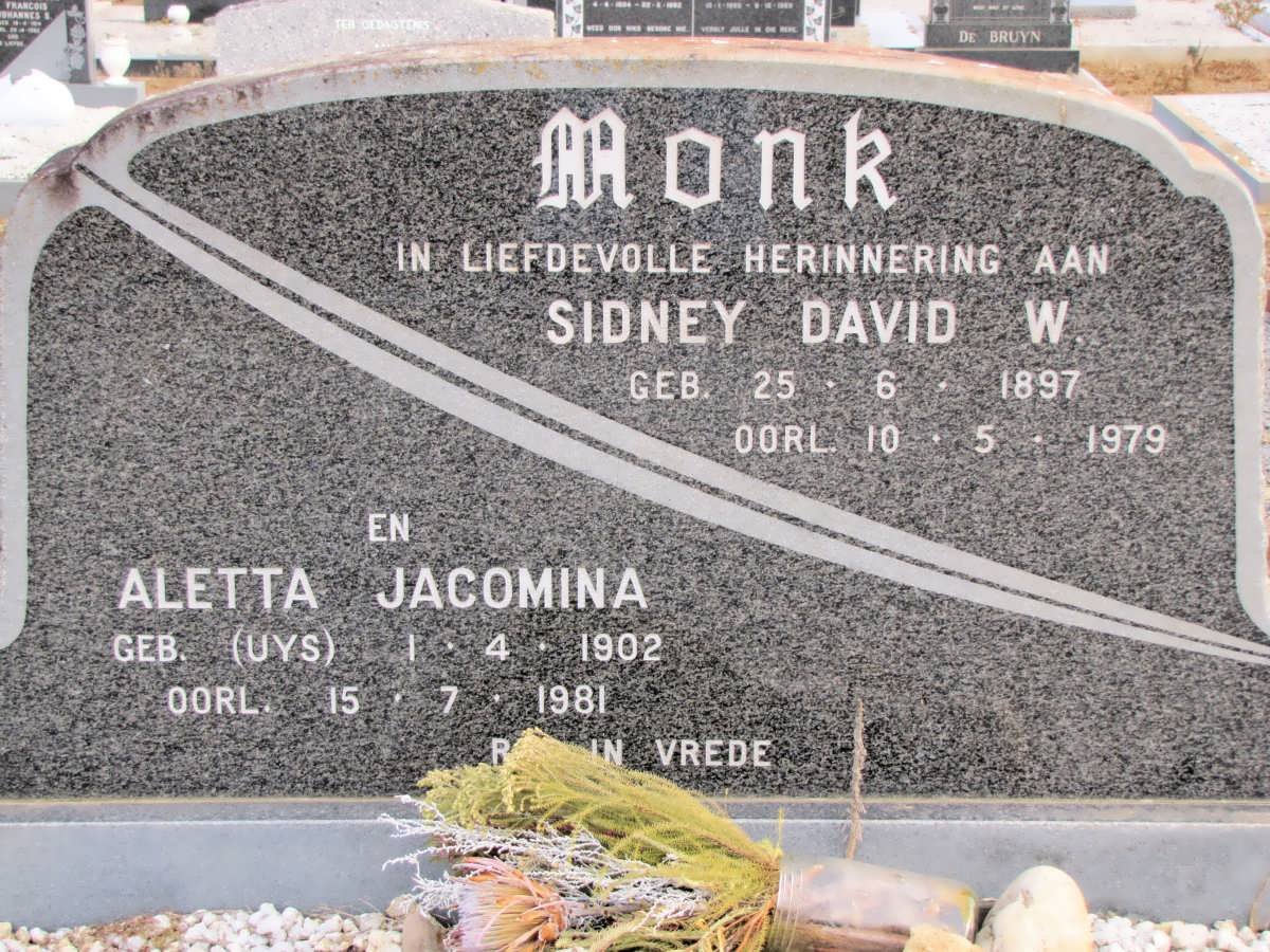MONK Sidney David W. 1897-1979 &amp; Aletta Jacomina UYS 1902-1981