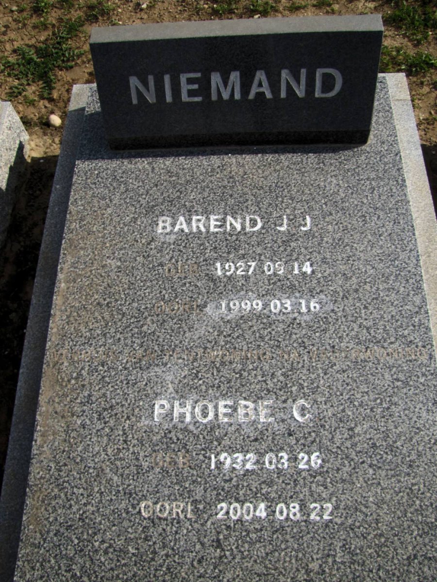 NIEMAND Barend J.J. 1927-1999 &amp; Phoebe C. 1932-2004