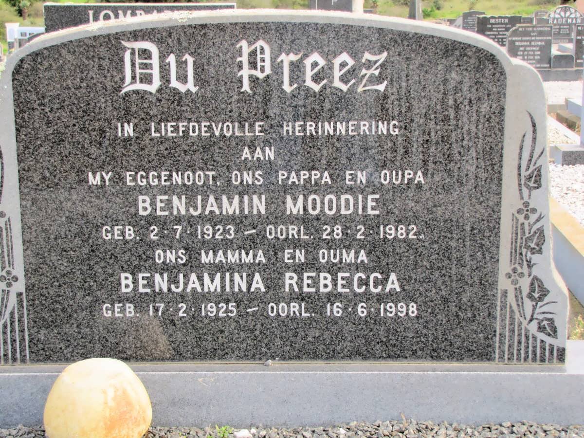 PREEZ Benjamin Moodie, du 1923-1982 &amp; Benjamina Rebecca 1925-1998