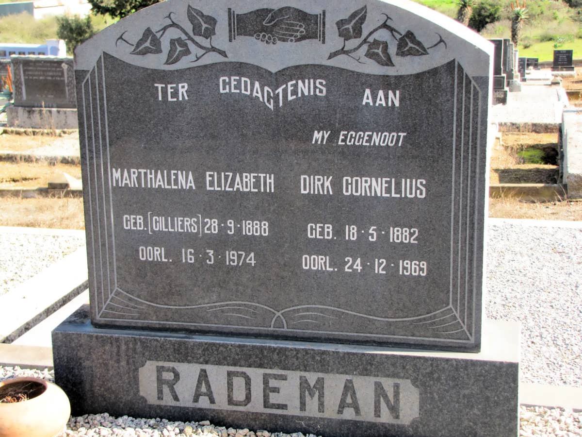 RADEMAN Dirk Corenelius 1882-1969 &amp; Marthalena Elizabeth CILLIERS 1888-1974