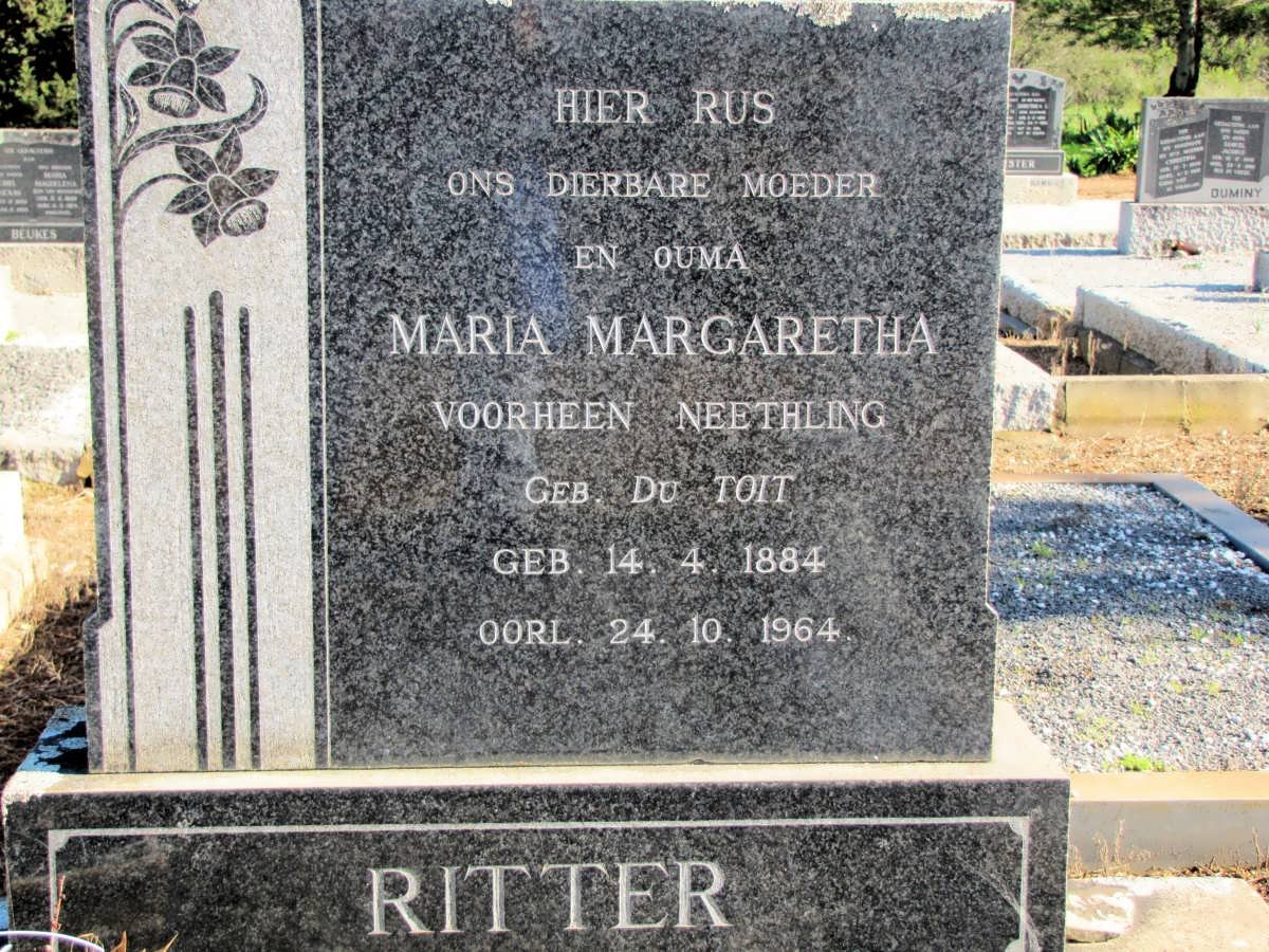 RITTER Maria Margaretha voorheen NEETHLING geb DU TOIT 1884-1964