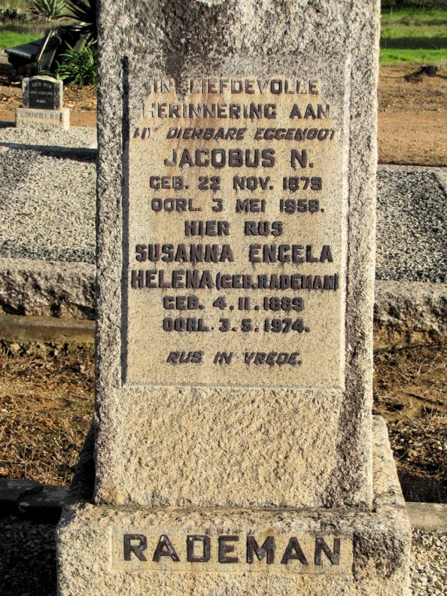 RADEMAN Jacobus N. 1879-1958 &amp; Susanna Engela Helena RADEMAN 1889-1974