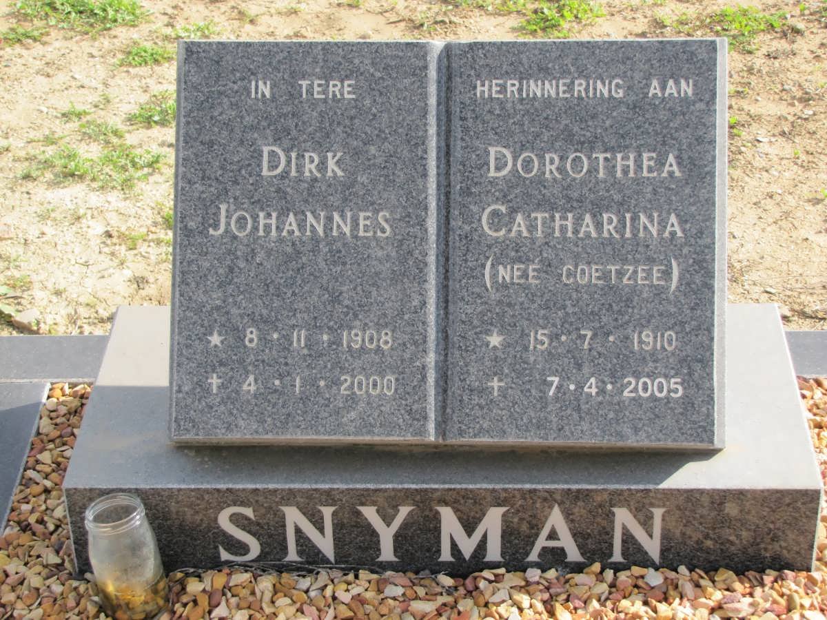 SNYMAN Dirk Johannes 1908-2000 &amp; Dorothea Catharina COETZEE 1910-2005