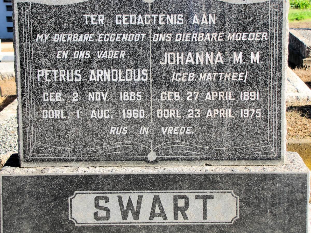 SWART Petrus Arnoldus 1885-1960 &amp; Johanna M.M. MATTHEE 1891-1965