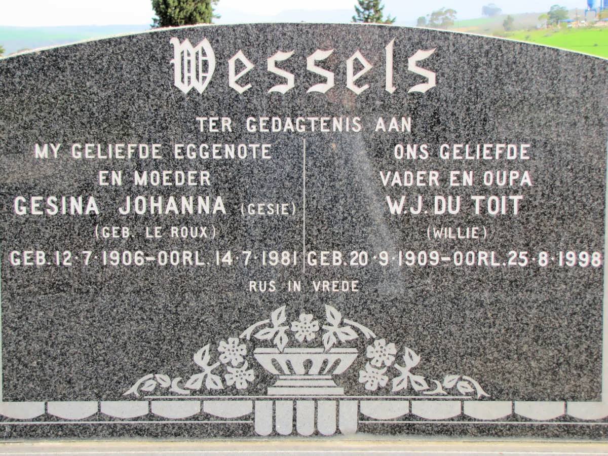 WESSELS W.J. du Toit 1909-1998 &amp; Gesina Johanna Le ROUX 1906-1981