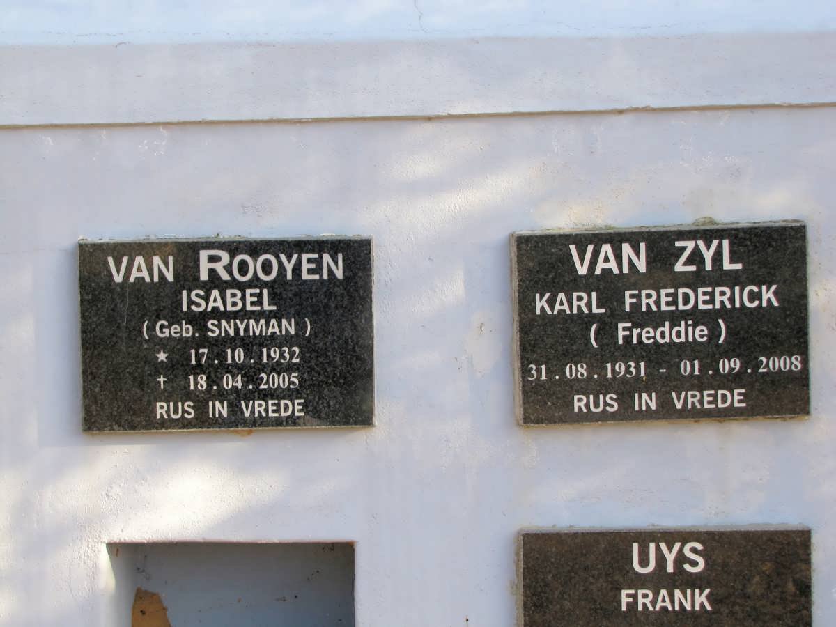 ZYL Karl Frederick, van 1931-2008 :: ROOYEN Isabel, van nee SNYMAN 1932-2005 