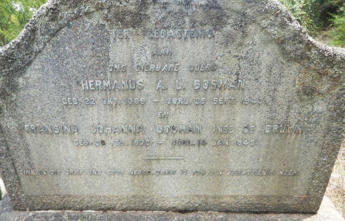 BOSMAN Hermanus A.L. 1869-1943 &amp; Fransina Johanna De BRUYN 1872-1945