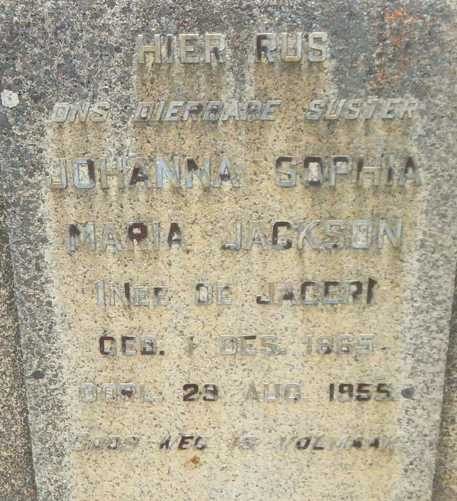 JACKSON Johanna Sophia Maria nee DE JAGER 1865-1955
