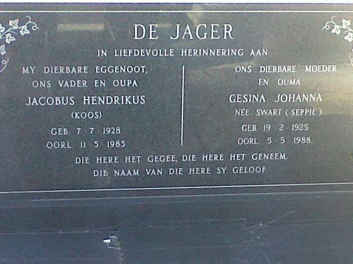 JAGER Jacobus Hendrik, de 1928-1985 &amp; Gesina Johanna SWART 1925-1988
