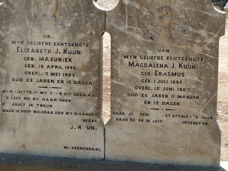 KUUN Elizabeth J. nee MASURIEK 1880-1905 :: KUUN Magdalena J. nee ERASMUS 1886-1907