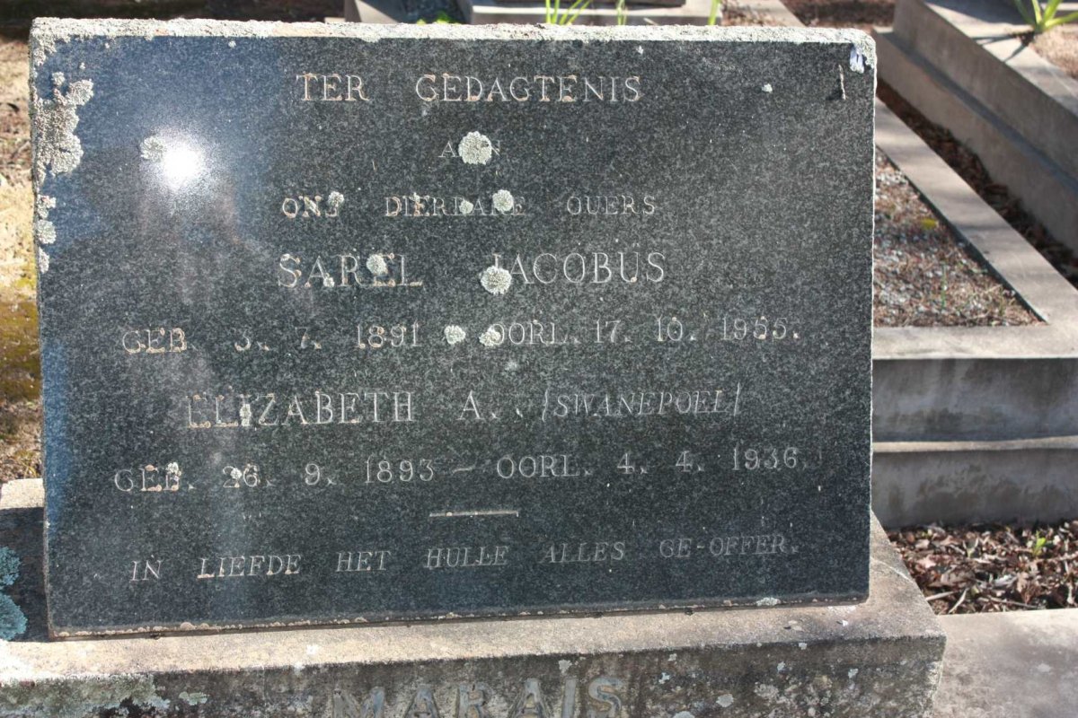 MARAIS Sarel Jacobus 1891-1955 &amp; Elizabeth A. SWANEPOEL 1893-1936