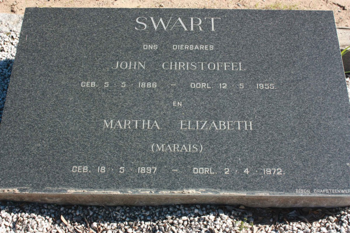 SWART John Christoffel 1886-1955 &amp; Martha Elizabeth MARAIS 1897-1972