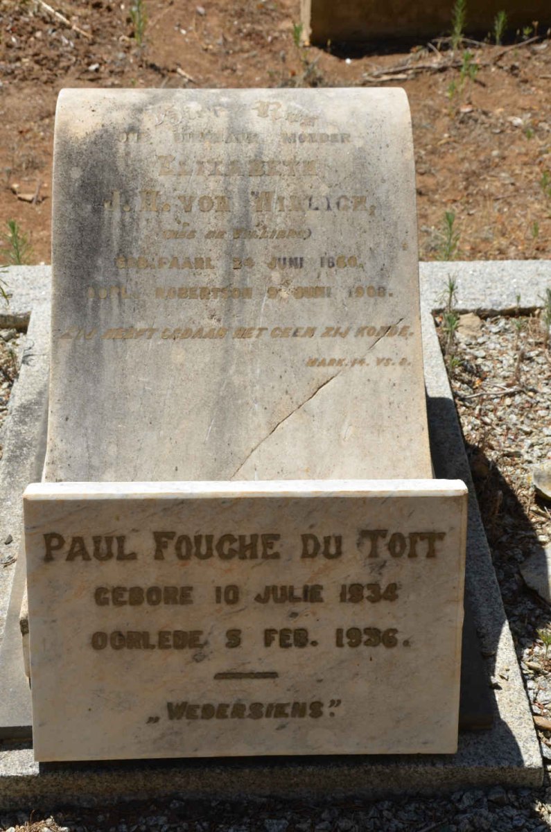 WILLIGH Elizabeth J.H., von nee DE VILLLIERS 1860-1908 :: DU TOIT Paul Fouche 1934-1936