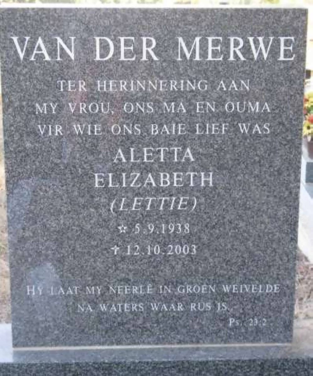 MERWE Aletta Elizabeth, van der 1938-2003