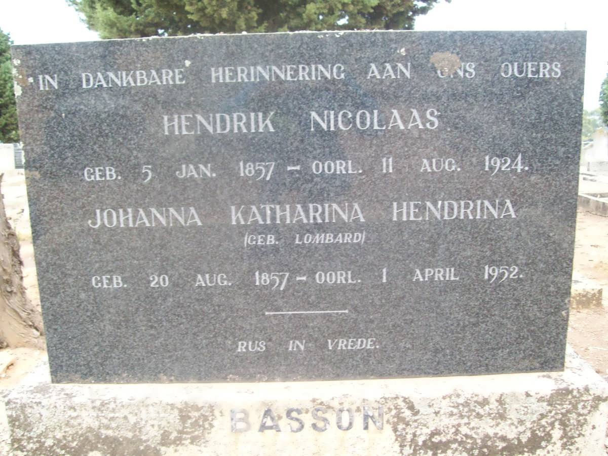 BASSON Hendrik Nicolaas 1857-1924 &amp; Johanna Katharina Hendrina LOMBARD 1857-1952