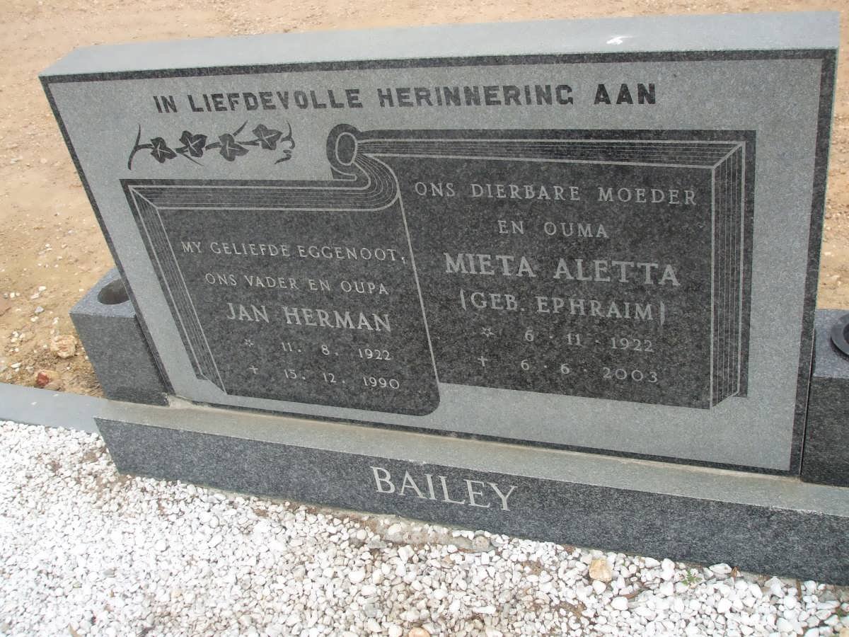 BAILEY Jan Herman 1922-1989 &amp; Mieta Aletta EPHRAIM 1922-2003