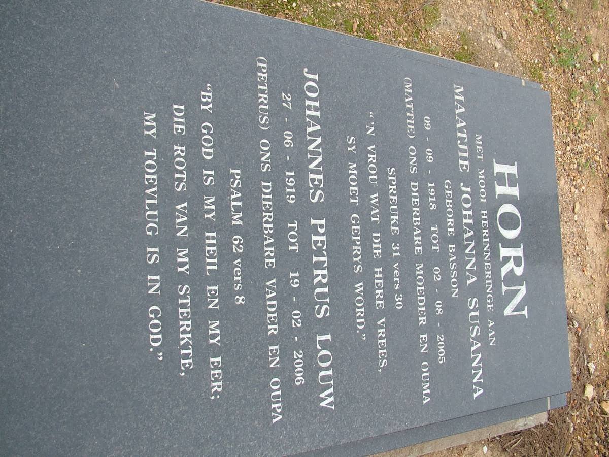 HORN Johannes Petrus Louw 1919-2006 &amp; Maatjie Johanna Susanna nee BASSON 1918-2005 
