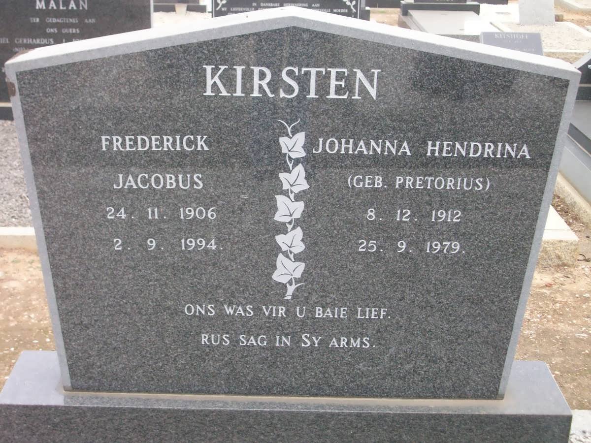 KIRSTEN Frederick Jacobus 1906-1994 &amp; Johanna Hendrina PRETORIUS 1912-1979