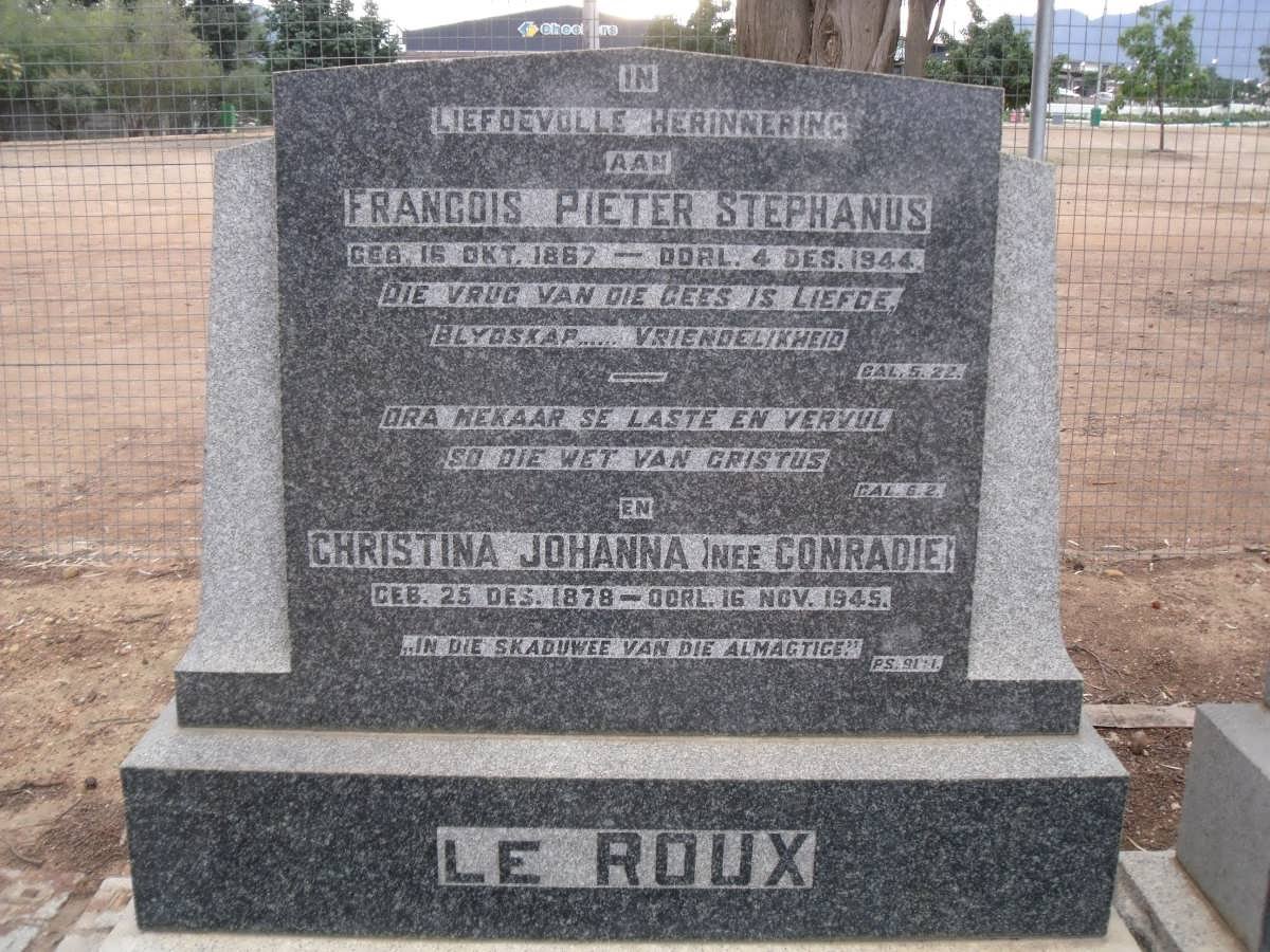 ROUX Francois Pieter Stephanus, le 1867-1944 &amp; Christina Johanna CONRADIE 1878-1945