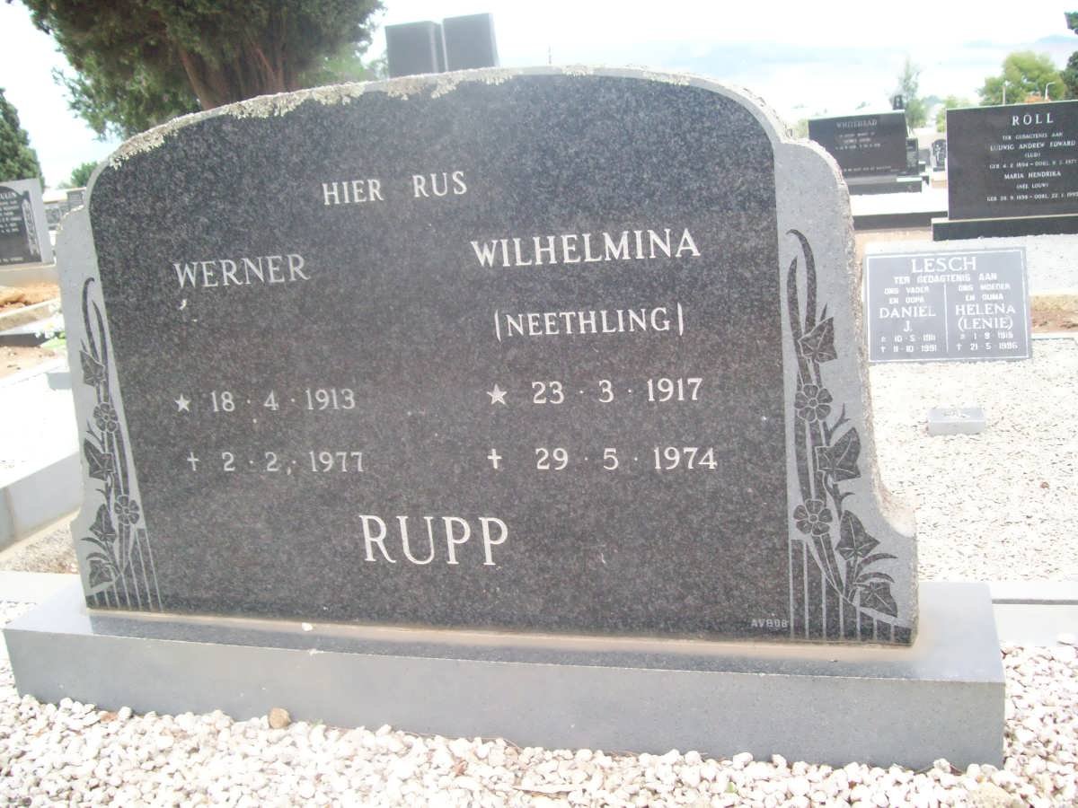RUPP Werner 1913-1977 &amp; Wilhelmina NEETHLING 1917-1974