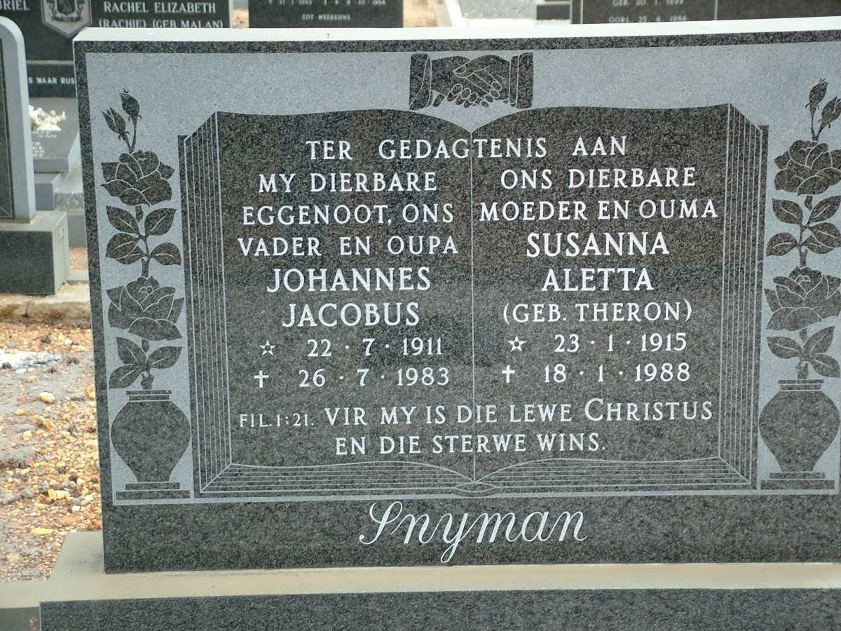 SNYMAN Johannes Jacobus 1911-1983 &amp; Susanna Aletta THERON 1915-1988