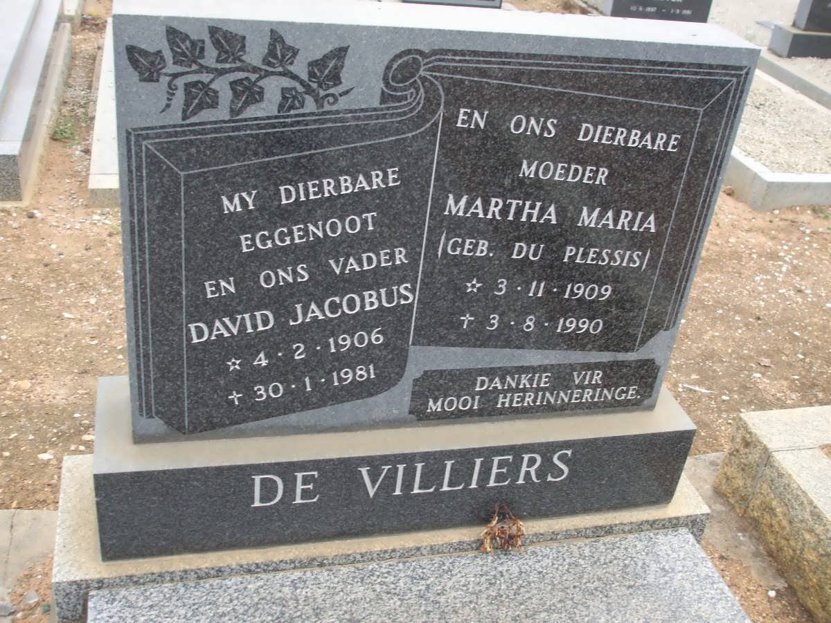 VILLIERS David Jacobus, de 1906-1981 &amp; Martha Maria du PLESSIS 1909-1990