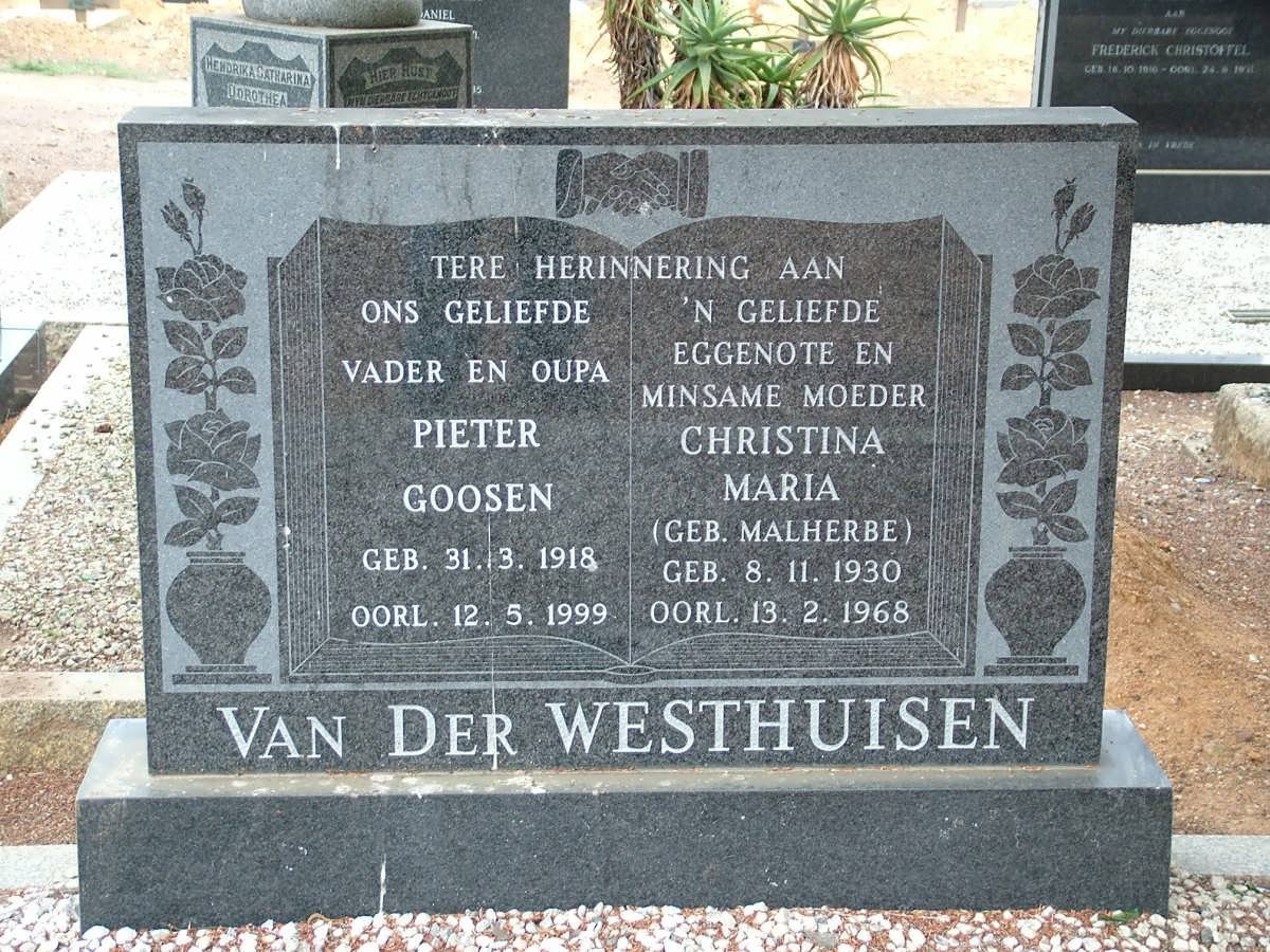 WESTHUISEN Pieter Goosen, van der 1918-1999 &amp; Christina Maria MALHERBE 1930-1968