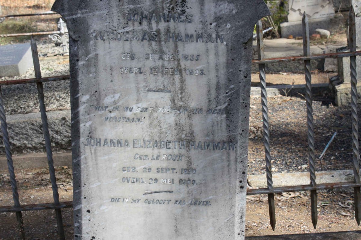 HAMMAN Johannes Nicolaas 1835-1903 &amp; Johanna Elizabeth LE ROUX 1850-1909