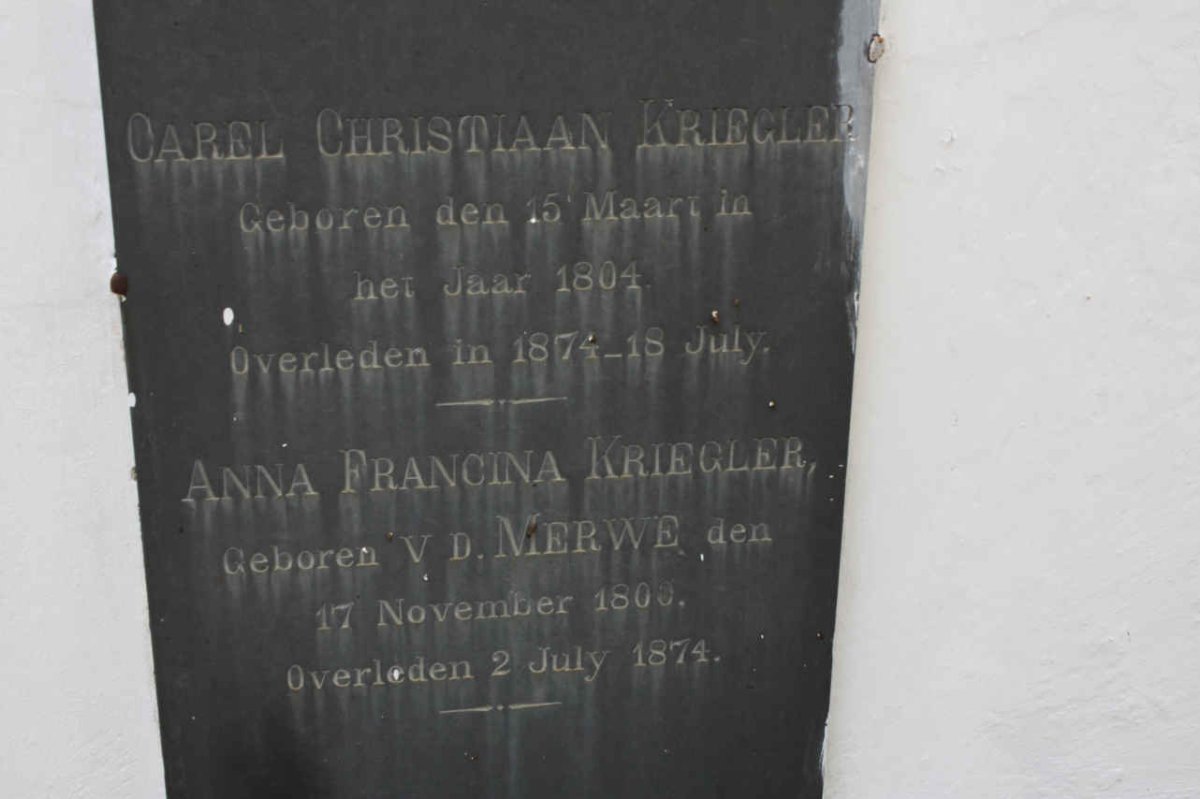 KRIEGLER Carel Christiaan 1804-1874 &amp; Anna Francina VAN DER MERWE 1800-1874