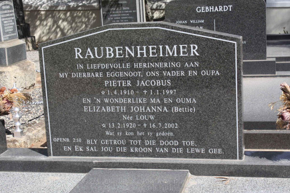 RAUBENHEIMER Pieter Jacobus 1910-1997 &amp; Elizabeth Johanna LOUW 1920-2002