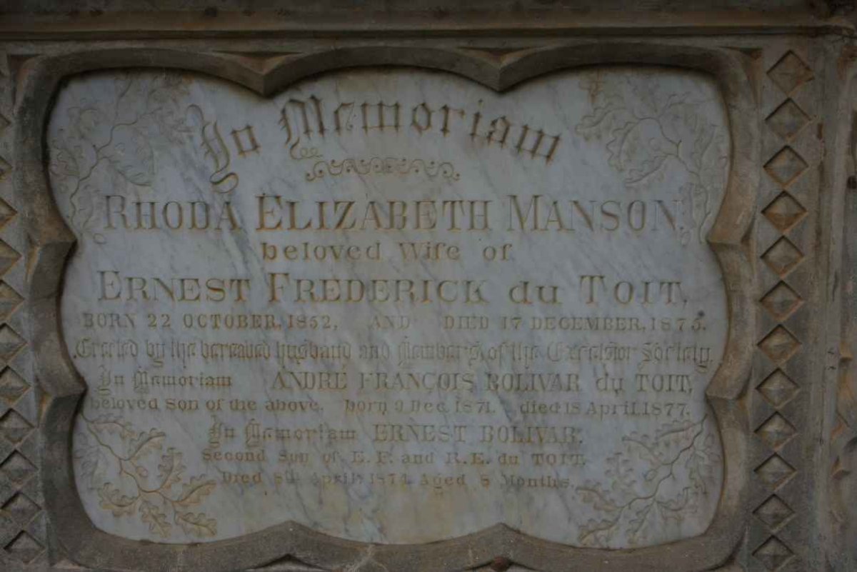 TOIT Rhoda Elizabeth nee MANSON, du 1852-1877 :: DU TOIT Andre Francois Bolivar 1871-1877 :: DU TOIT Ernest Bolivar 1874-1874