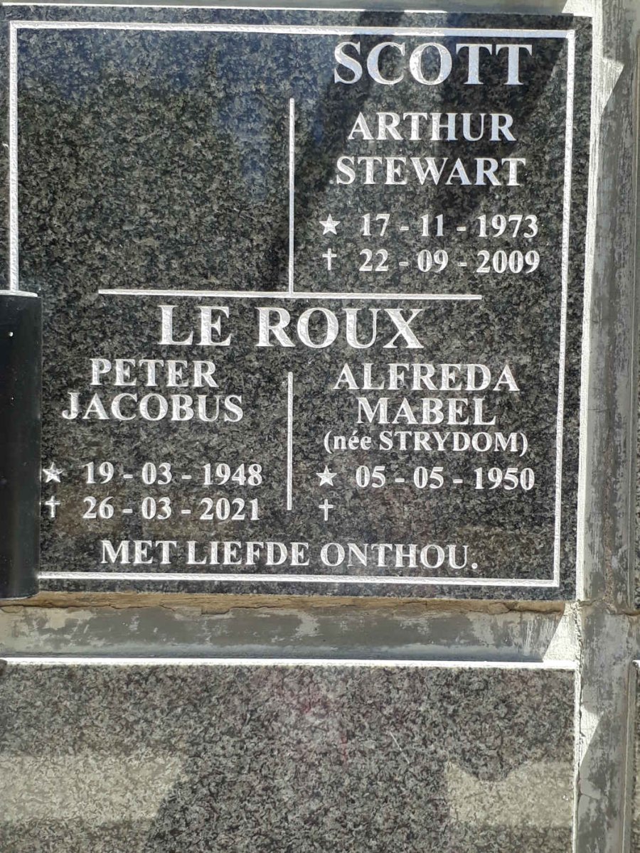 SCOTT Arthur Stewart 1973-2009 :: ROUX Peter Jacobus, le 1948-2021 &amp; Alfreda Mabel STRYDOM 1950-